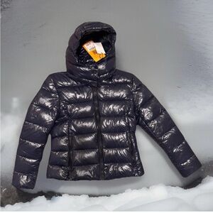 NEW SAVE THE DUCK cosmary hooded puffer jacket in hi shine navy blue black